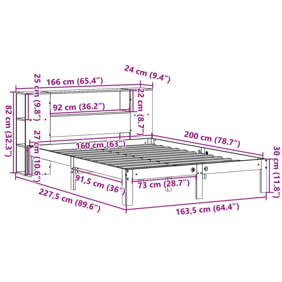 Cama con estantería sin colchón madera maciza de pino