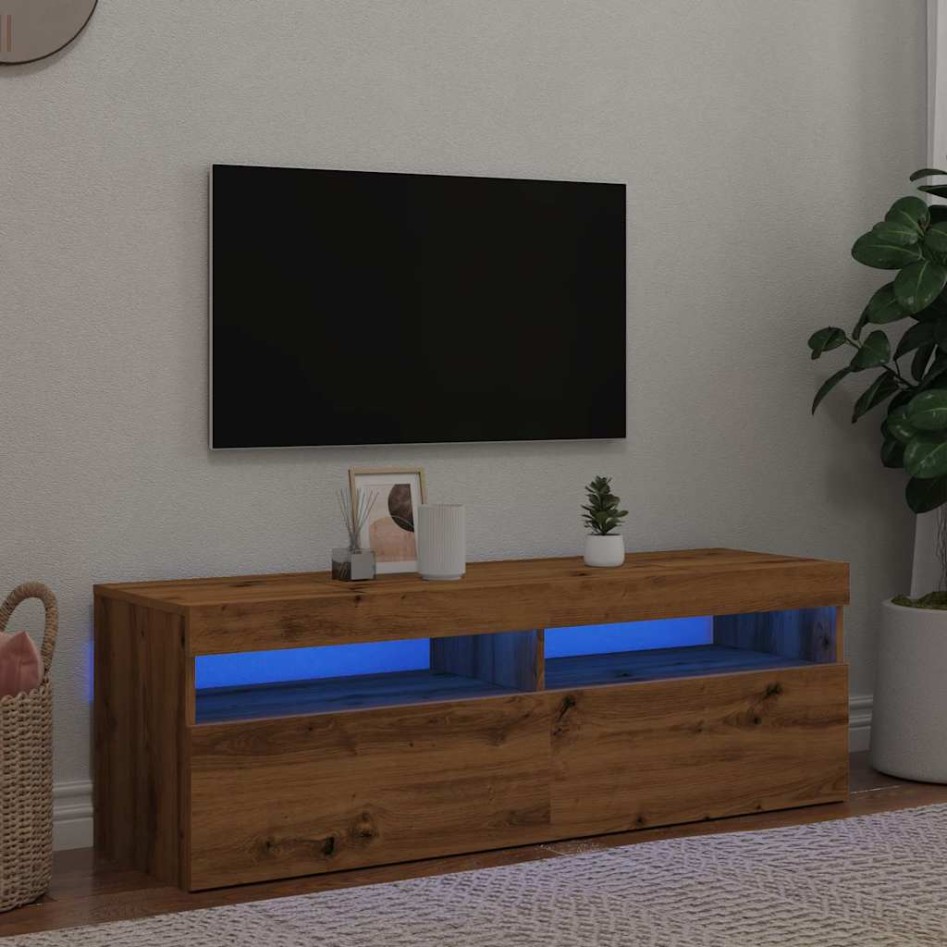 Mueble de TV luces LED madera roble artisan 120x35x40