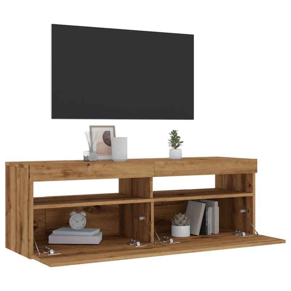 Mueble de TV luces LED madera roble artisan 120x35x40