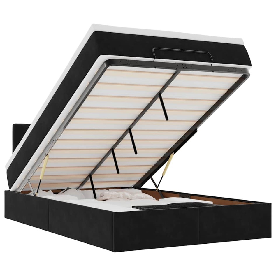 Cama otomana con colchón y LED terciopelo negro