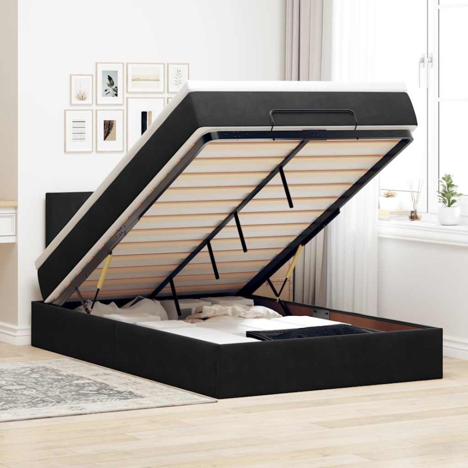 Cama otomana con colchón y LED terciopelo negro