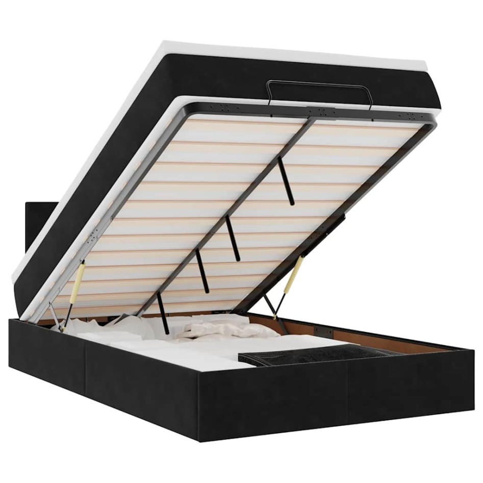 Cama otomana con colchón y LED terciopelo negro