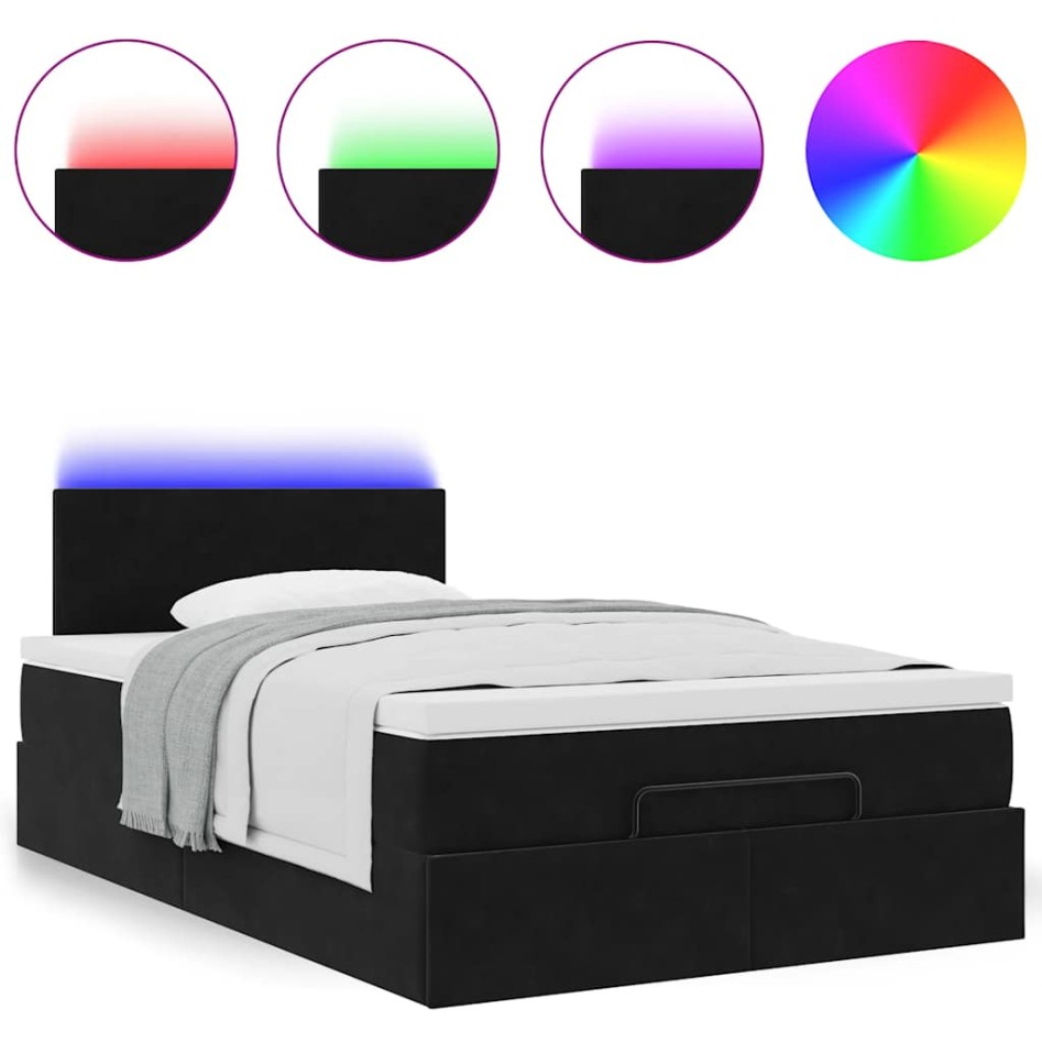 Cama otomana con colchón y LED terciopelo negro
