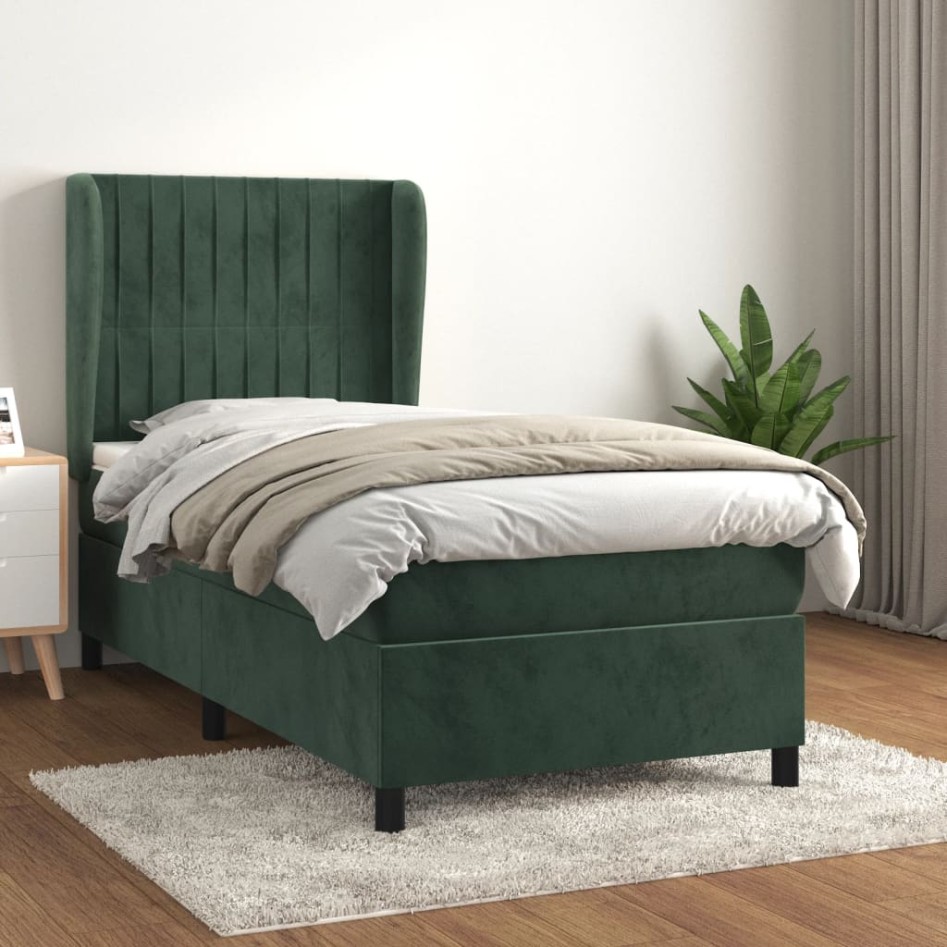 Cama box spring con colchón terciopelo verde oscuro 80x200