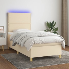 Cama box spring colchón y luces LED tela crema 80x200