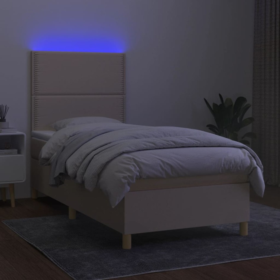 Cama box spring colchón y luces LED tela crema 80x200