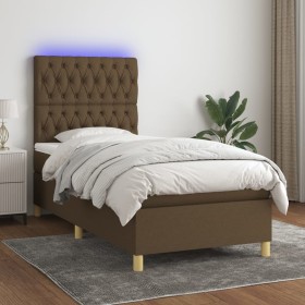 Cama box spring colchón y luces LED tela marrón oscuro