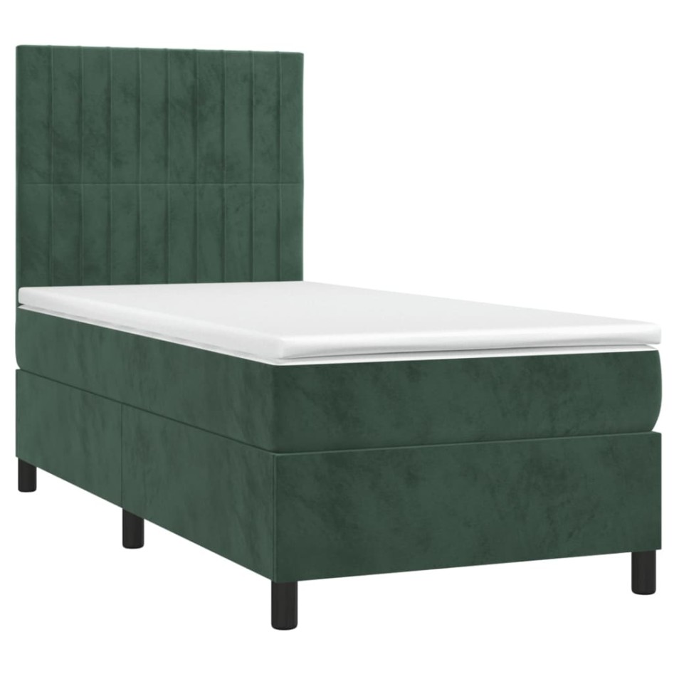 Cama box spring colchón y LED terciopelo verde oscuro 80x200