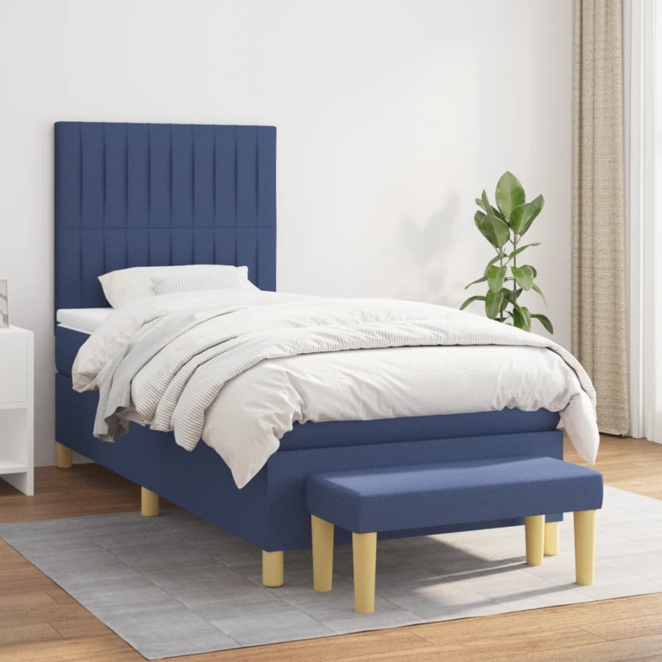 Cama box spring con colchón tela azul 80x200