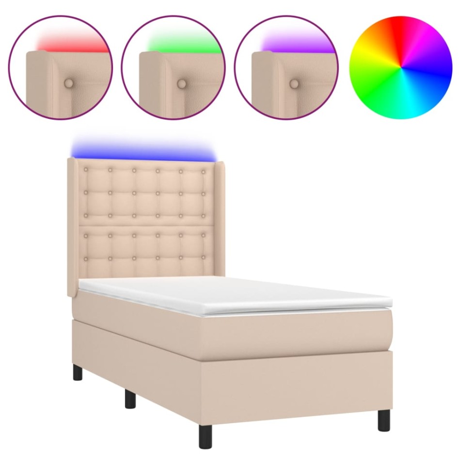 Cama box spring colchón LED cuero sintético capuchino 80x200