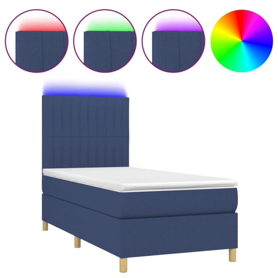Cama box spring colchón y luces LED tela azul 80x200