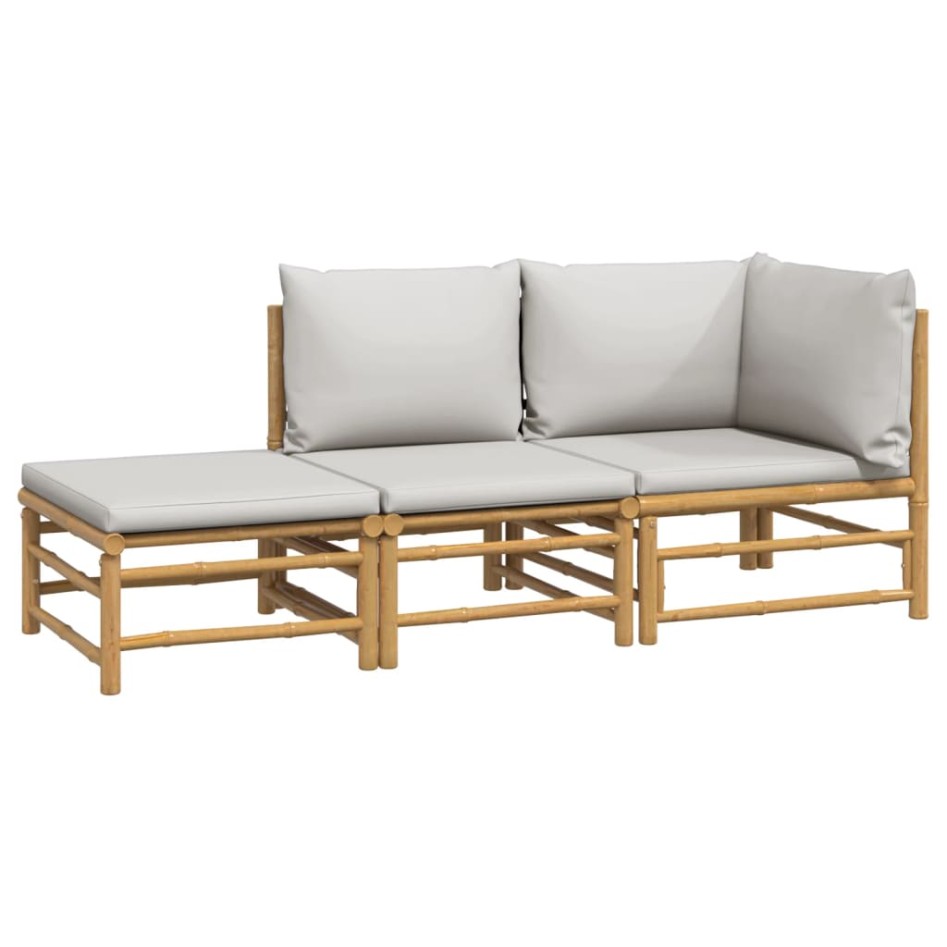 Set de muebles de jardín 3 piezas bambú y cojines gris
