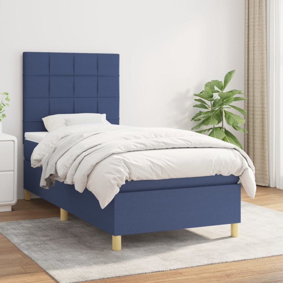 Cama box spring con colchón tela azul 80x200