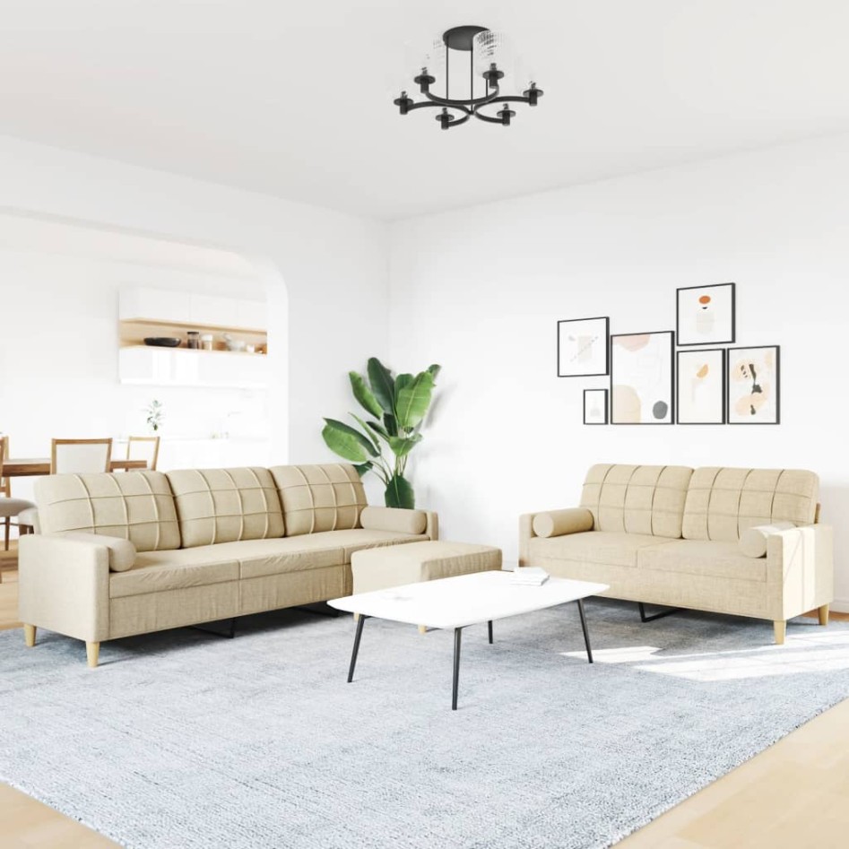 Juego de sofás 3 pzas con reposapiés y cojines tela