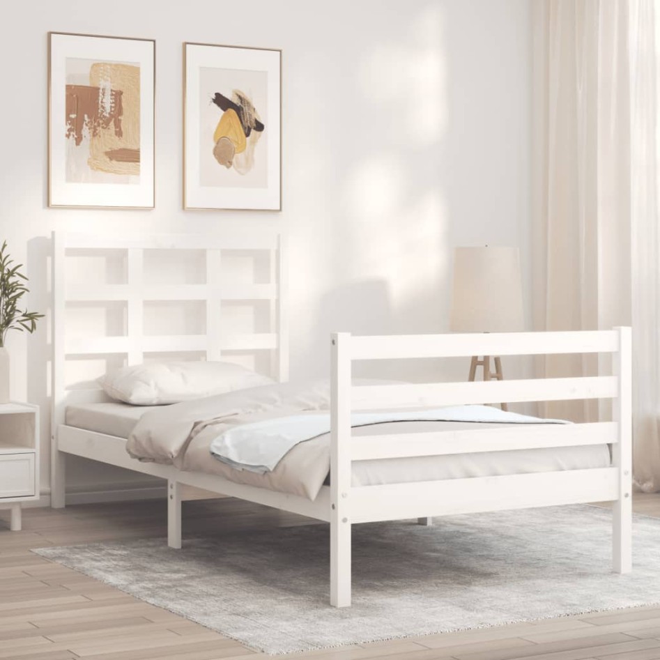 Estructura de cama con cabecero madera maciza blanco 90x200