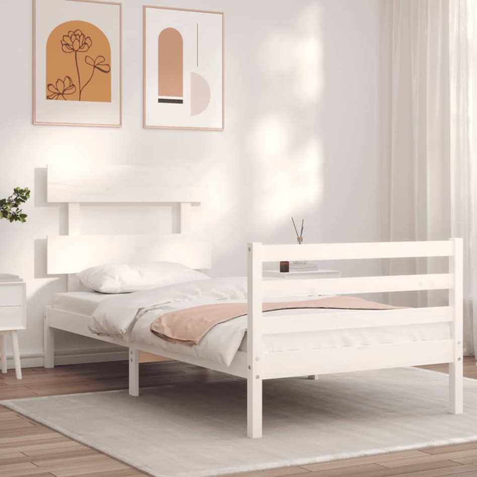 Estructura de cama con cabecero madera maciza blanco 90x200