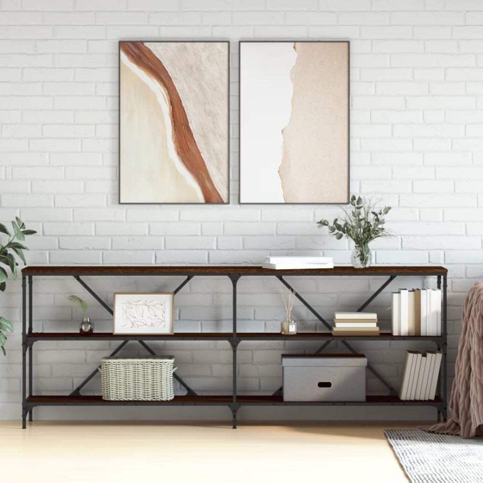 Mesa consola hierro madera ingeniería roble marrón 200x30x75