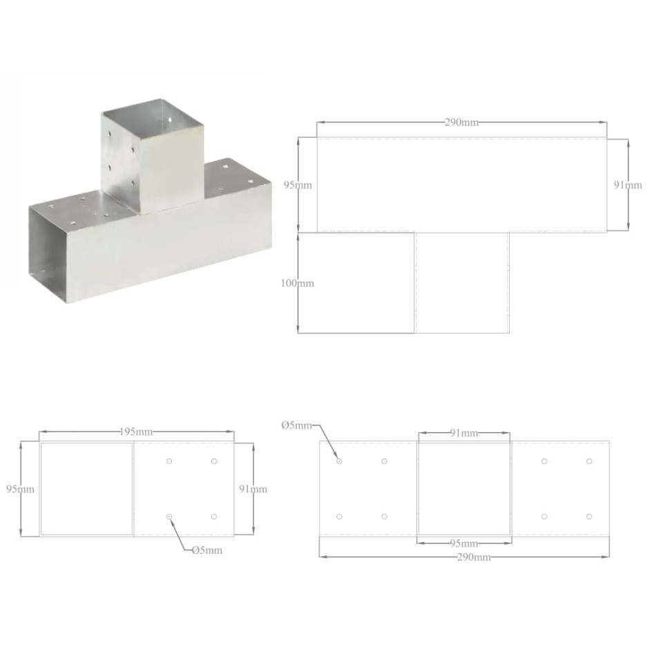 Conectores de postes en T 4 uds metal galvanizado 91x91