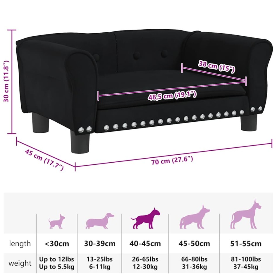 Cama para perros de terciopelo negra 70x45x30