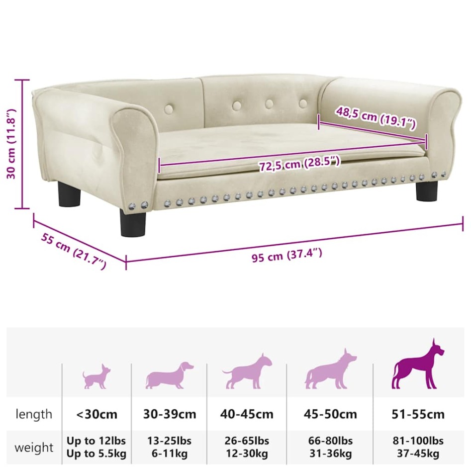 Cama para perros de terciopelo crema 95x55x30