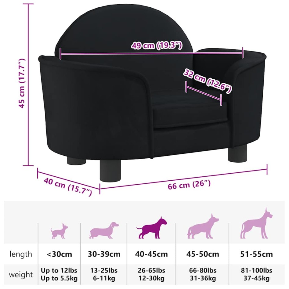 Cama para perros de terciopelo negra 66x40x45