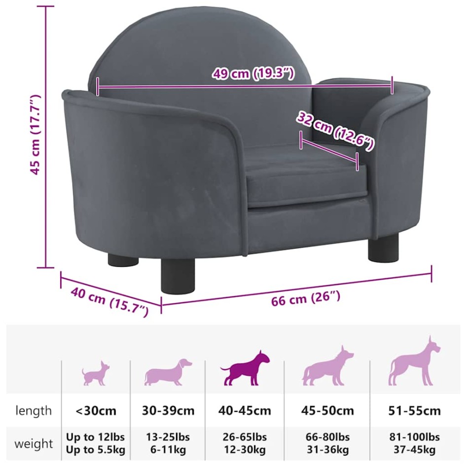 Cama para perros de terciopelo gris oscuro 66x40x45