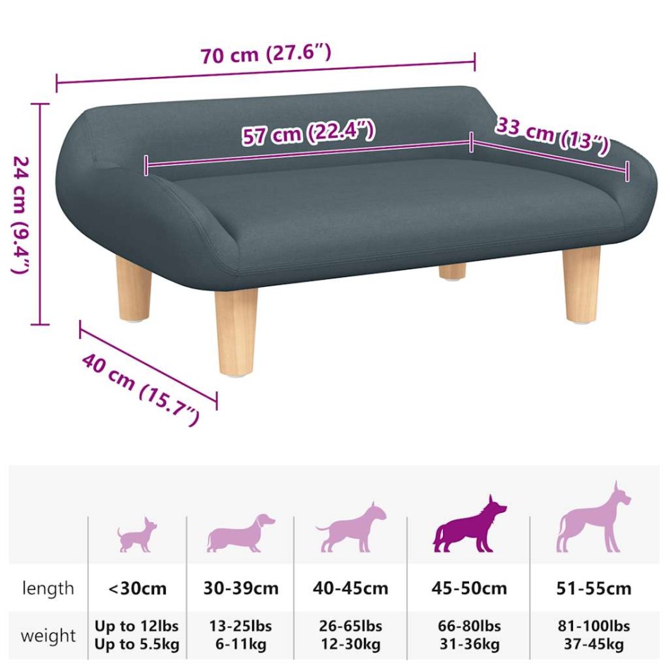 Cama para perros de tela gris oscuro 70x40x24