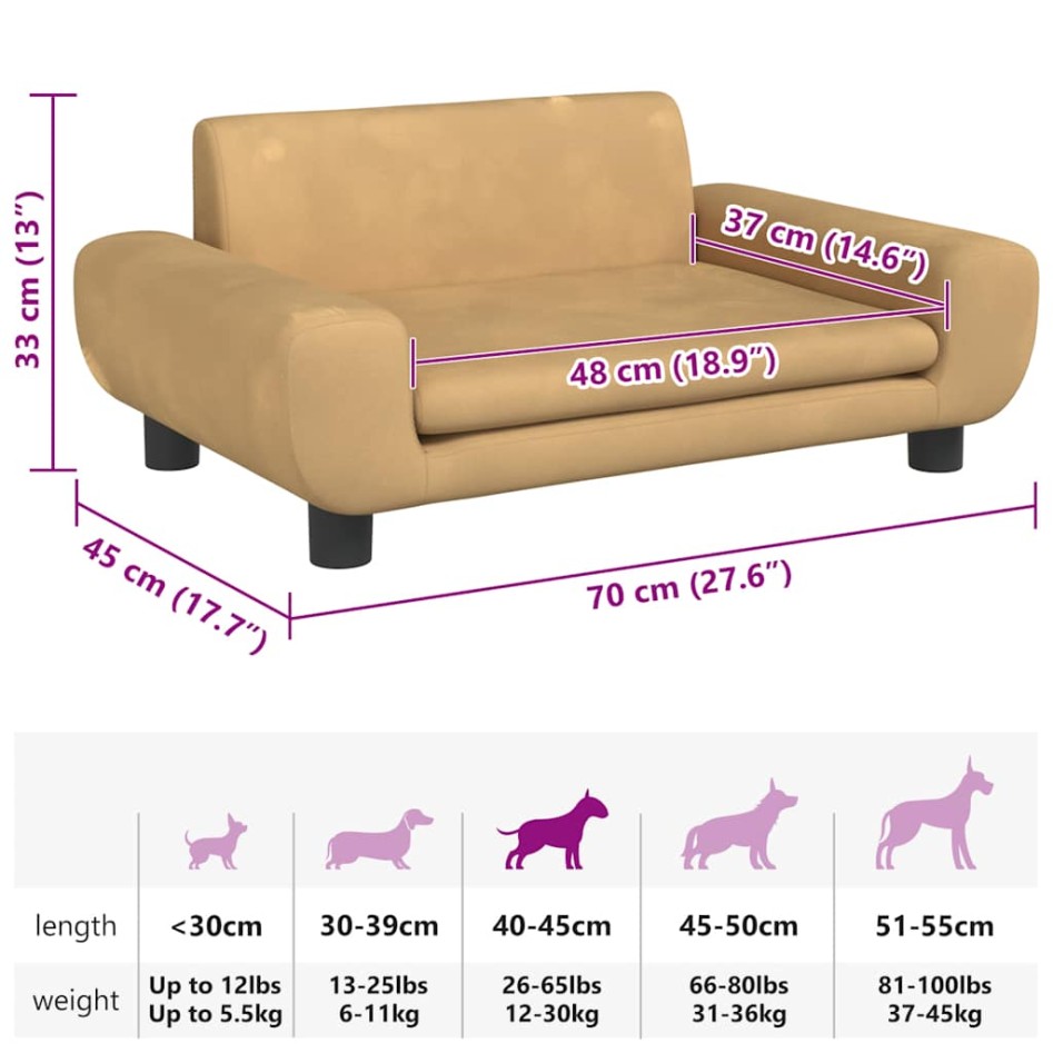 Cama para perros de terciopelo marrón 70x45x33