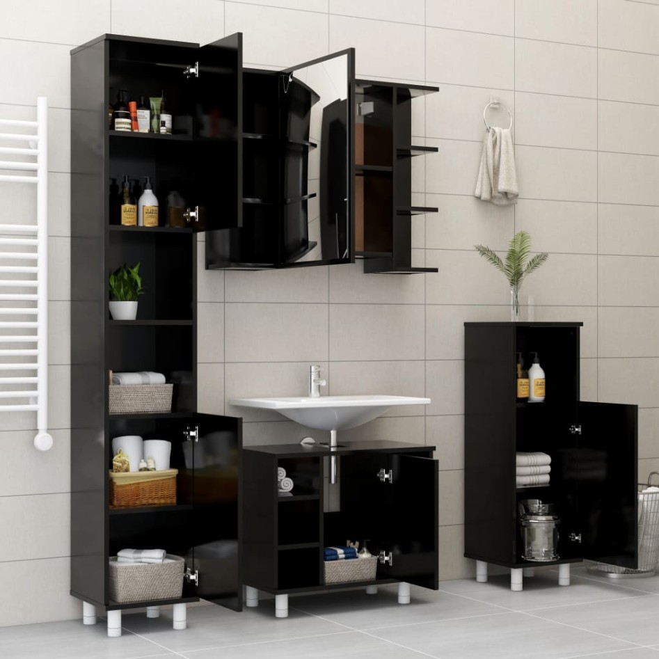 Armario de baño madera contrachapada negro 30x30x95