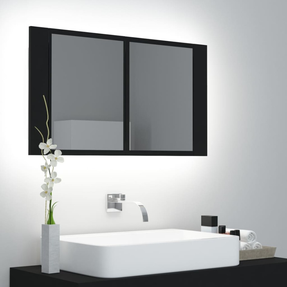 Armario espejo de baño con luz LED acrílico negro 80x12x45