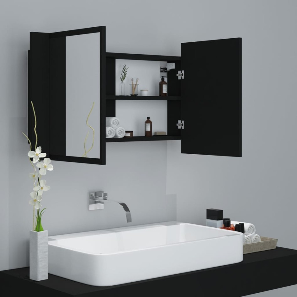 Armario espejo de baño con luz LED acrílico negro 80x12x45