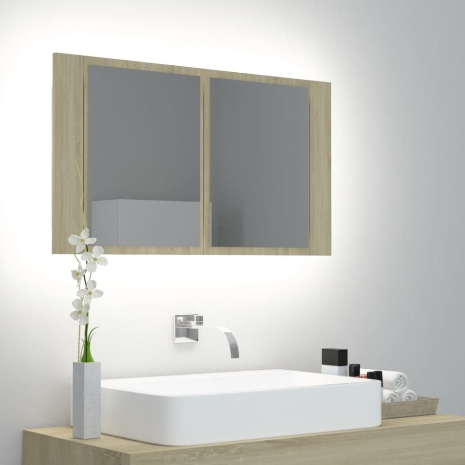 Armario espejo de baño LED acrílico roble Sonoma 80x12x45