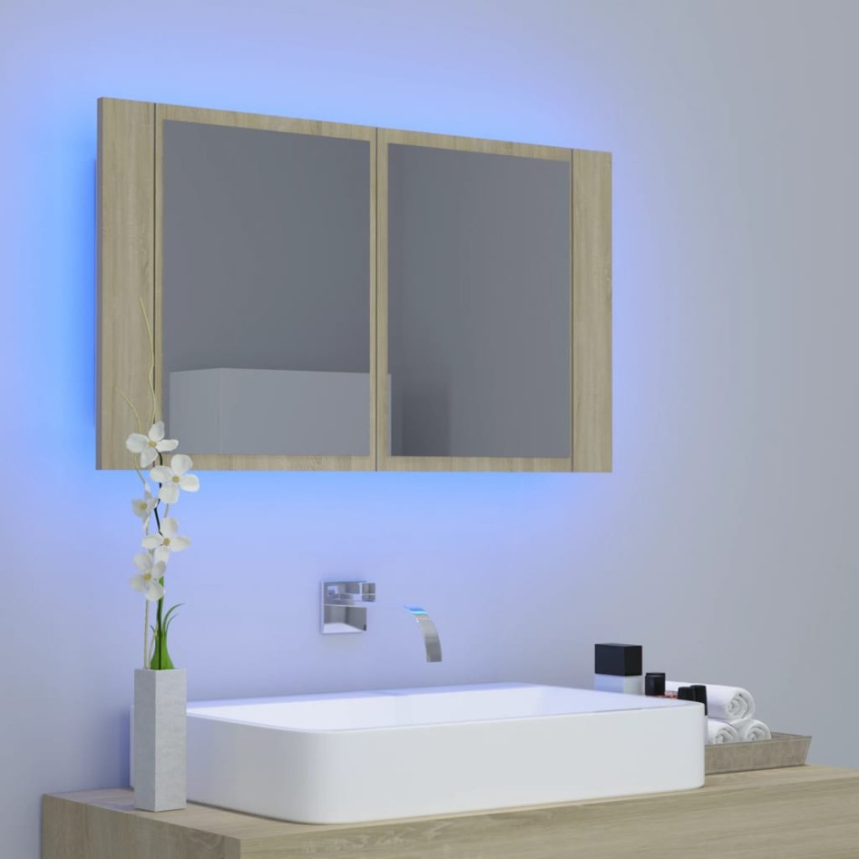 Armario espejo de baño LED acrílico roble Sonoma 80x12x45
