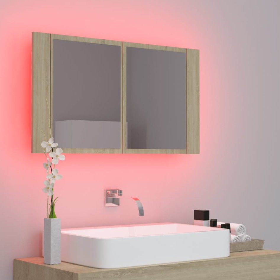Armario espejo de baño LED acrílico roble Sonoma 80x12x45