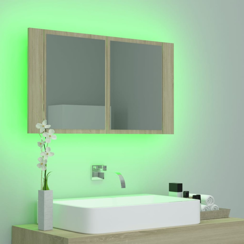 Armario espejo de baño LED acrílico roble Sonoma 80x12x45