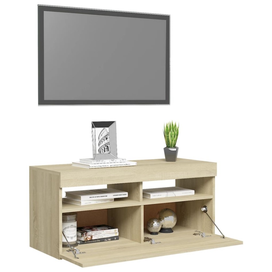 Mueble de TV con luces LED roble Sonoma 90x35x40