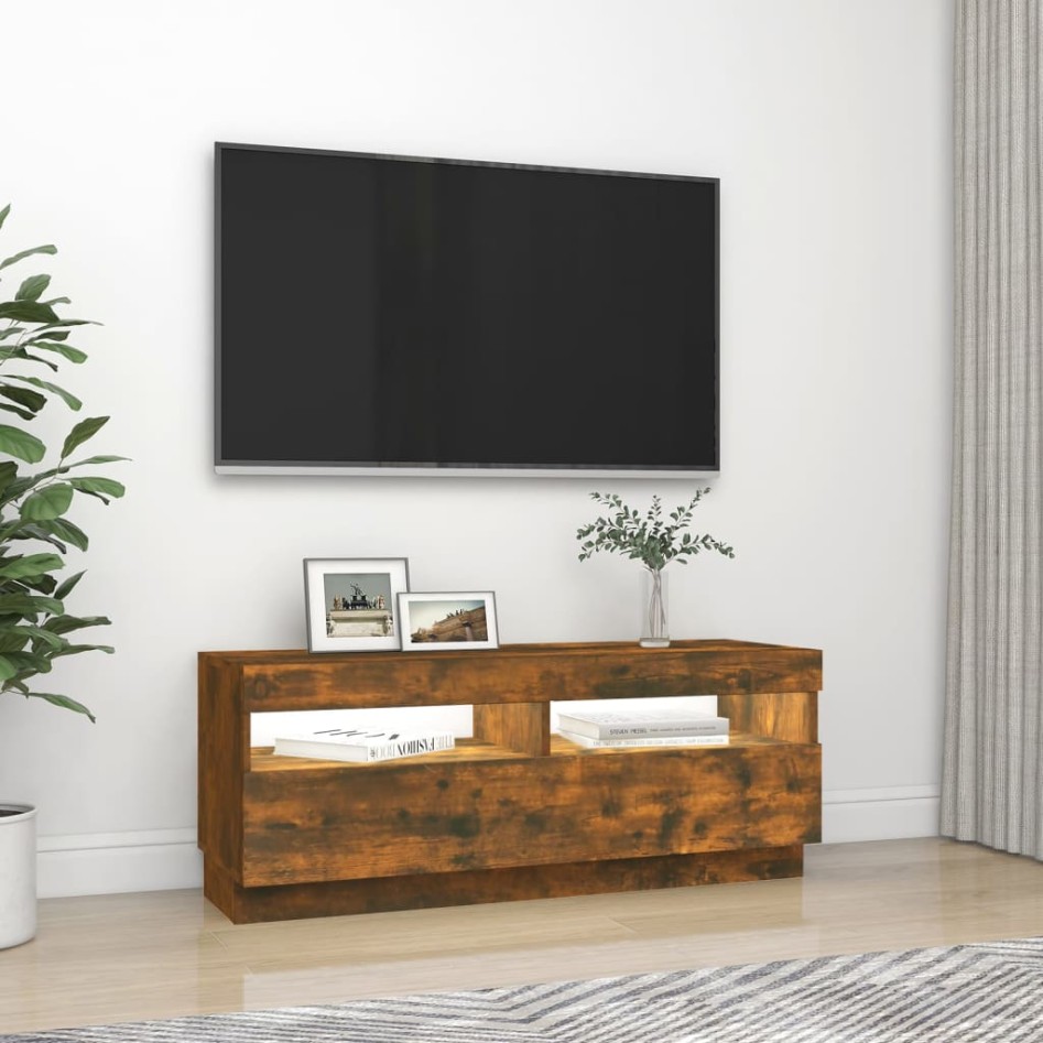 Mueble de TV con luces LED roble ahumado 100x35x40