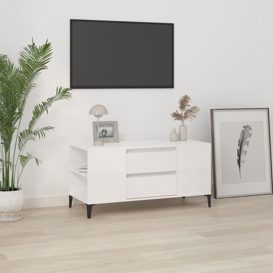 Mueble de TV madera contrachapada blanco brillo 102x44,5x50