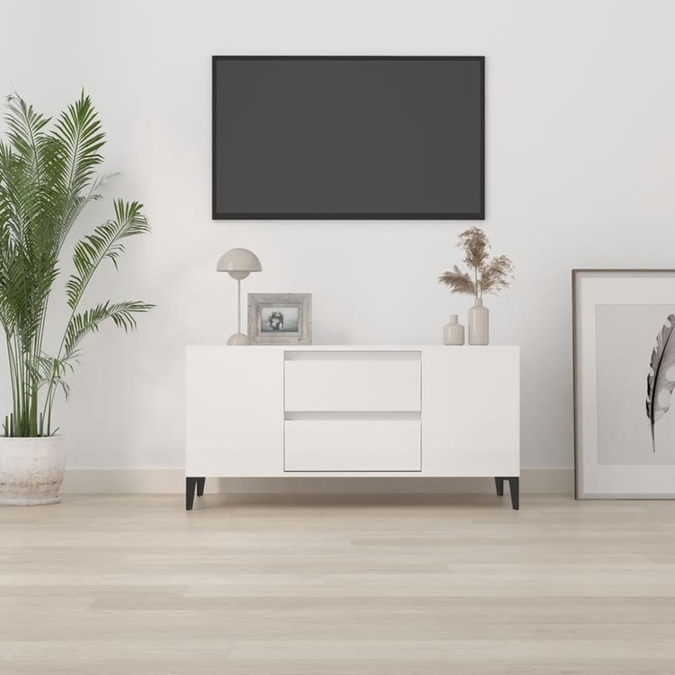 Mueble de TV madera contrachapada blanco brillo 102x44,5x50