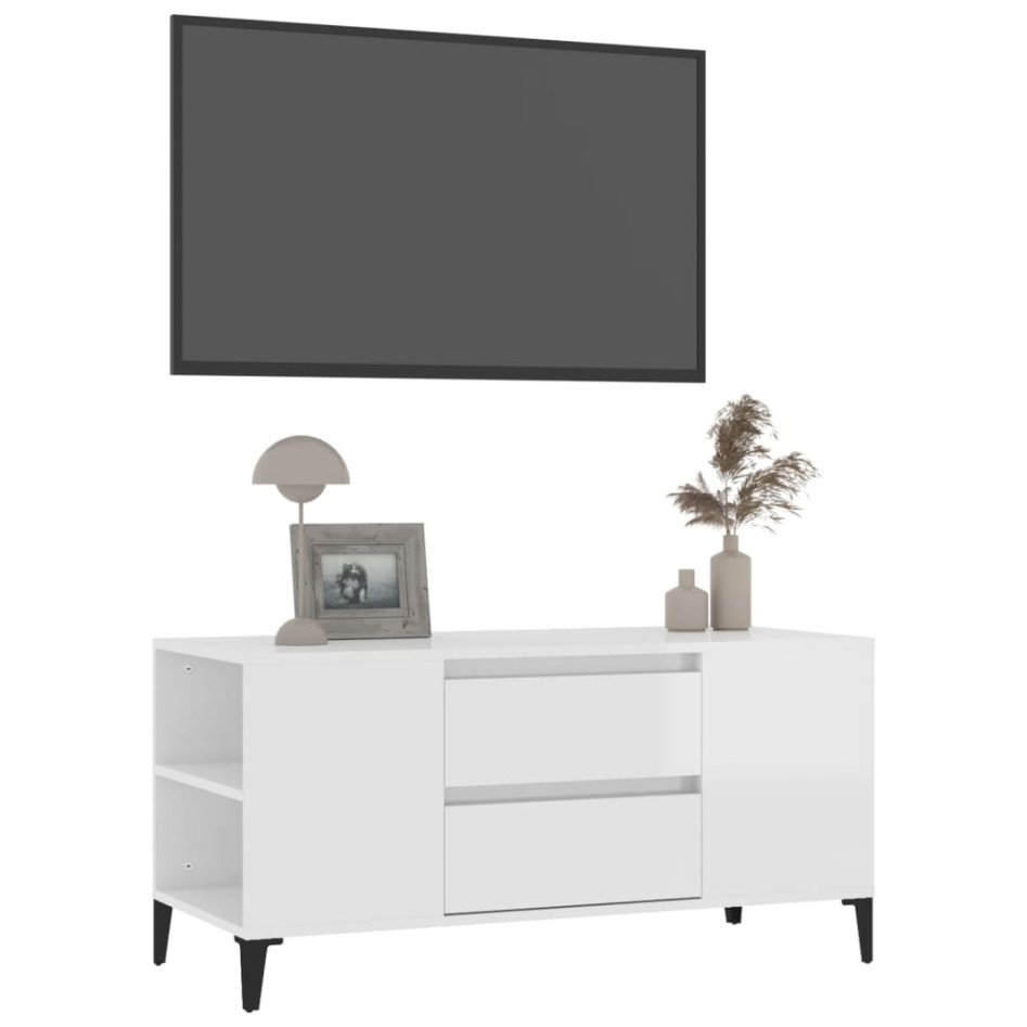 Mueble de TV madera contrachapada blanco brillo 102x44,5x50
