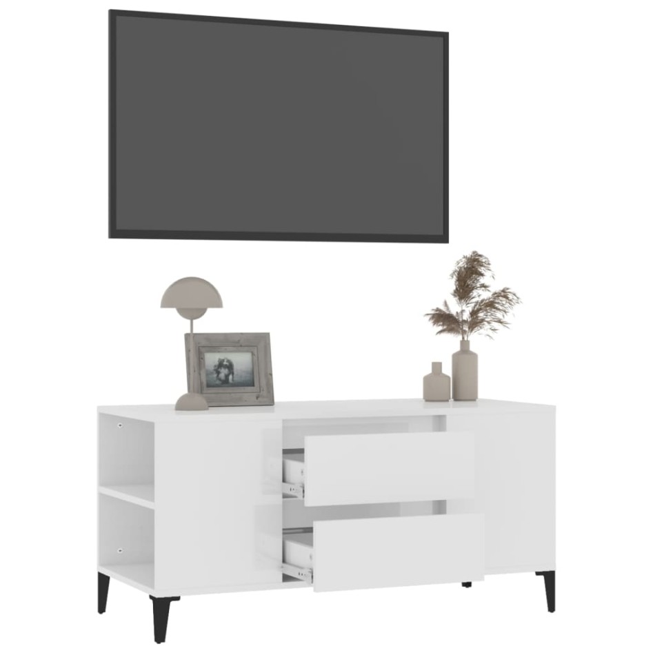 Mueble de TV madera contrachapada blanco brillo 102x44,5x50