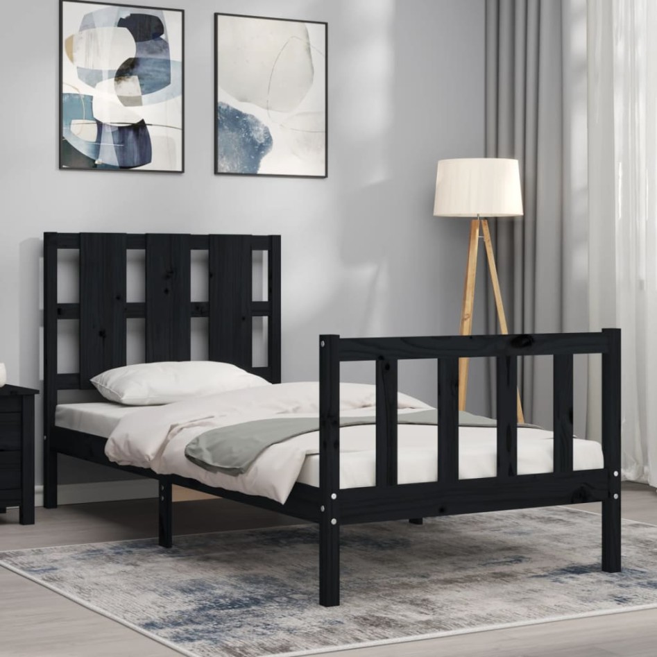 Estructura de cama con cabecero madera maciza negro 90x190
