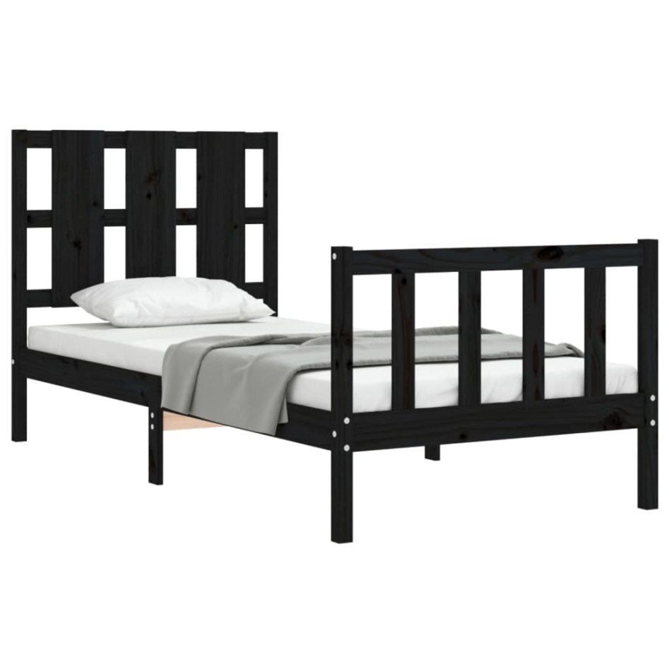Estructura de cama con cabecero madera maciza negro 90x190