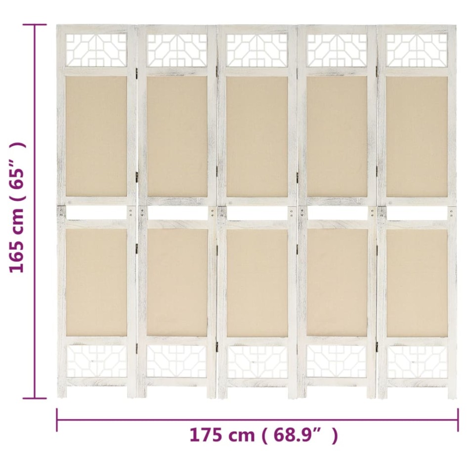 Biombo divisor de 5 paneles de tela color crema 175x165