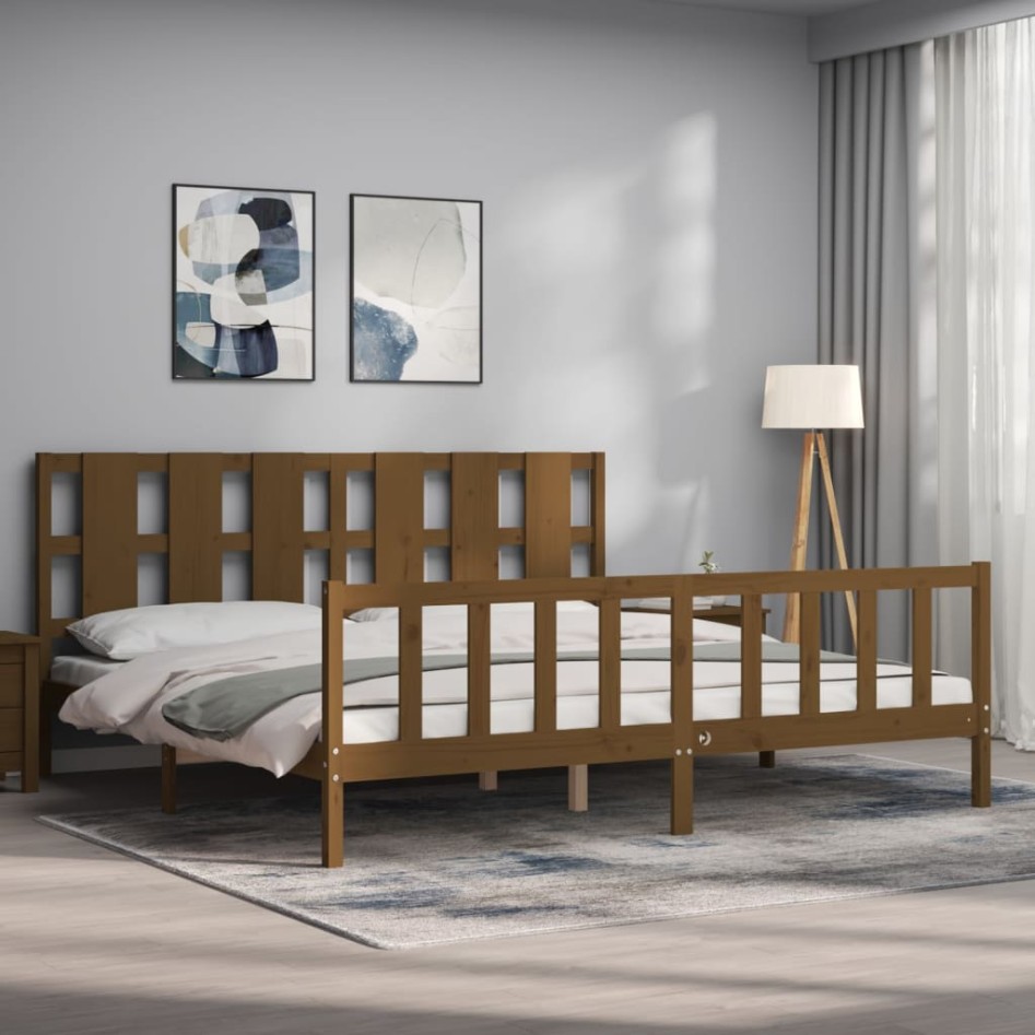 Estructura cama y cabecero madera maciza marrón miel 200x200