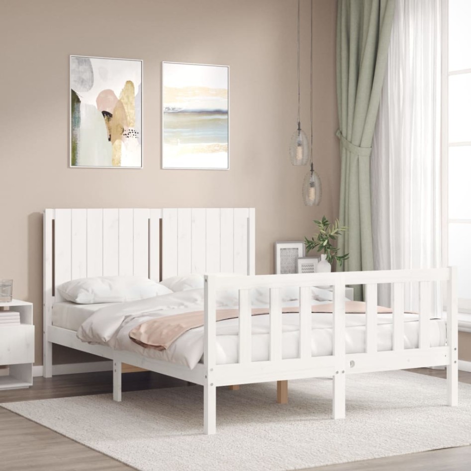 Estructura de cama con cabecero madera maciza blanco 140x190