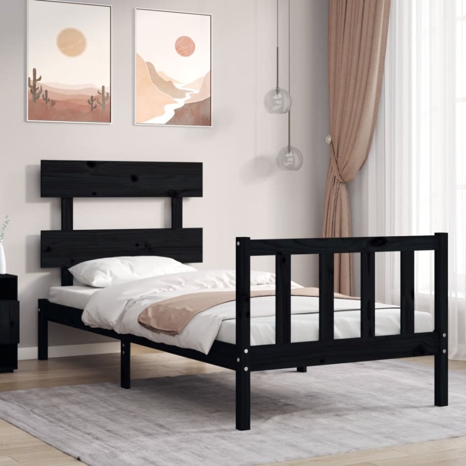 Estructura de cama con cabecero madera maciza negro 100x200