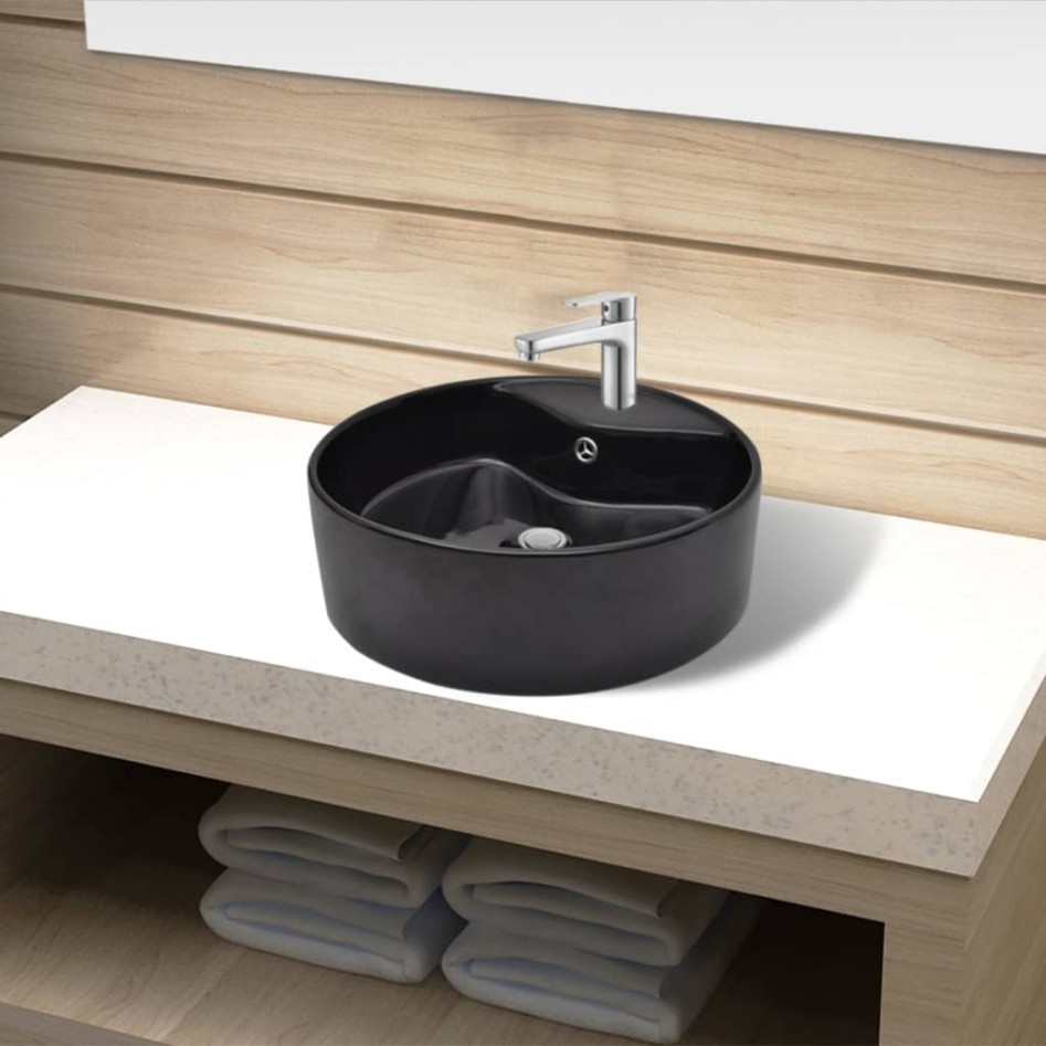Lavabo de cerámica con agujero para grifo/desagüe negro
