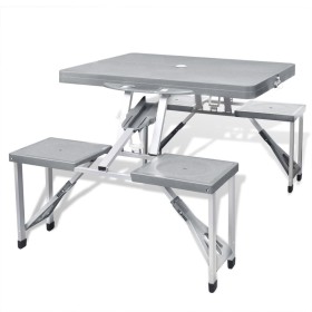 Set mesa plegable de camping y 4 taburetes aluminio gris