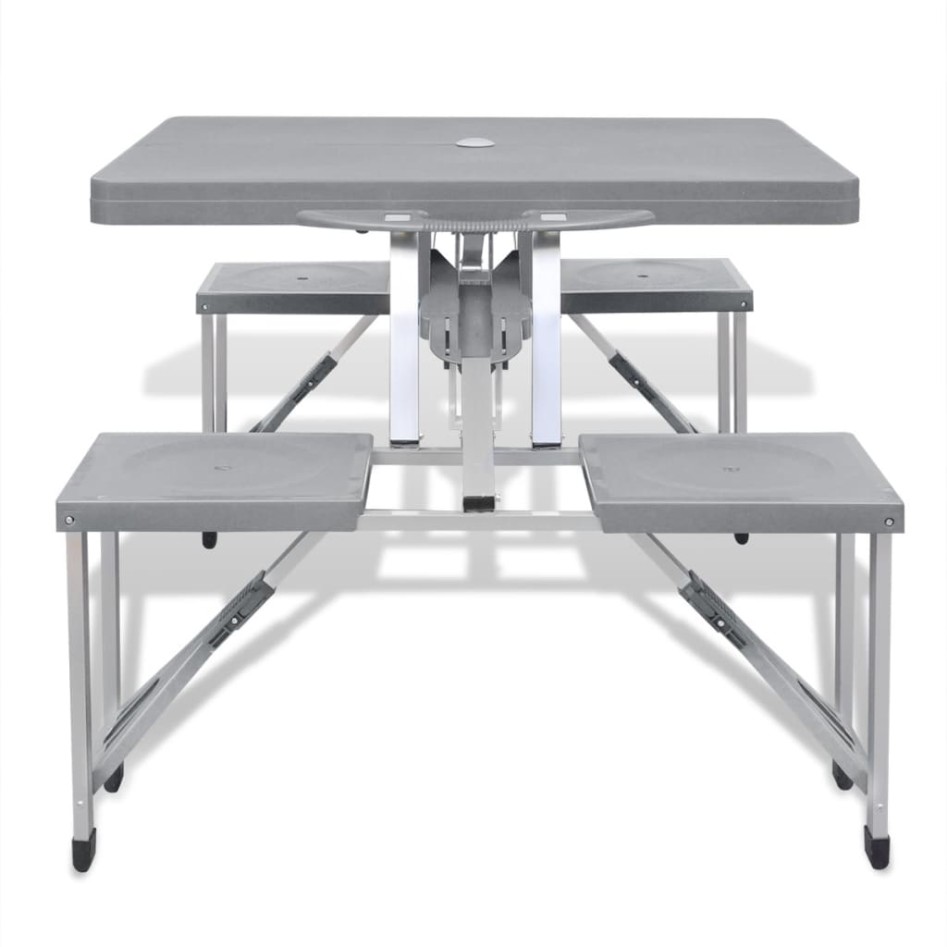 Set mesa plegable de camping y 4 taburetes aluminio gris